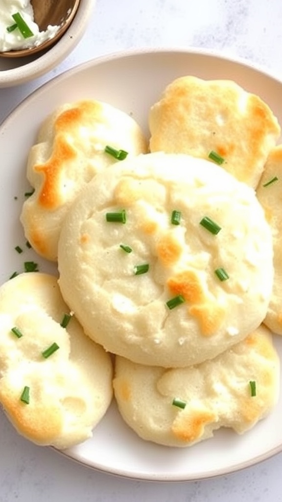 Fluffy cloud bread made with Greek yogurt, served on a plate with herbs and a dip.